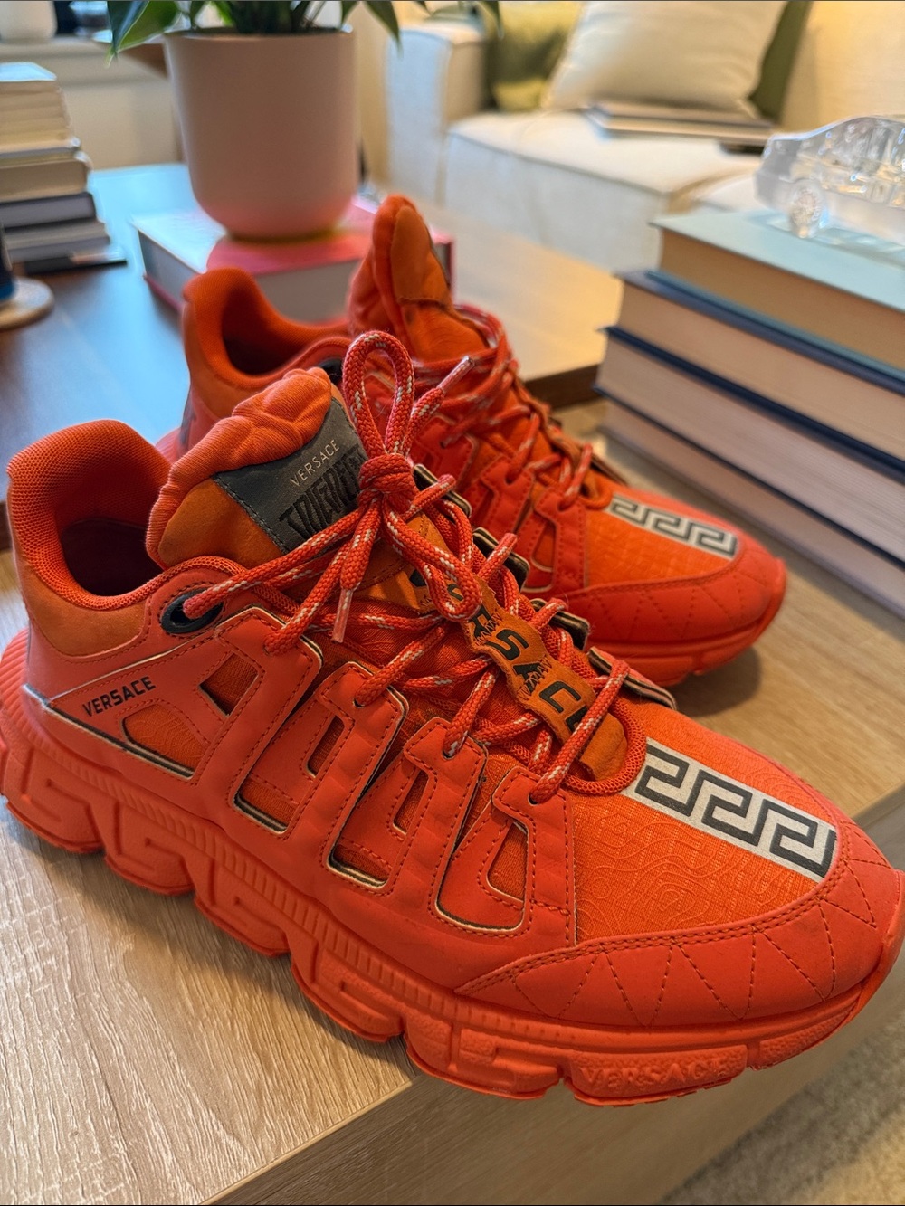 Versace Bright Orange Chain Reaction Sneakers with Greek Key
